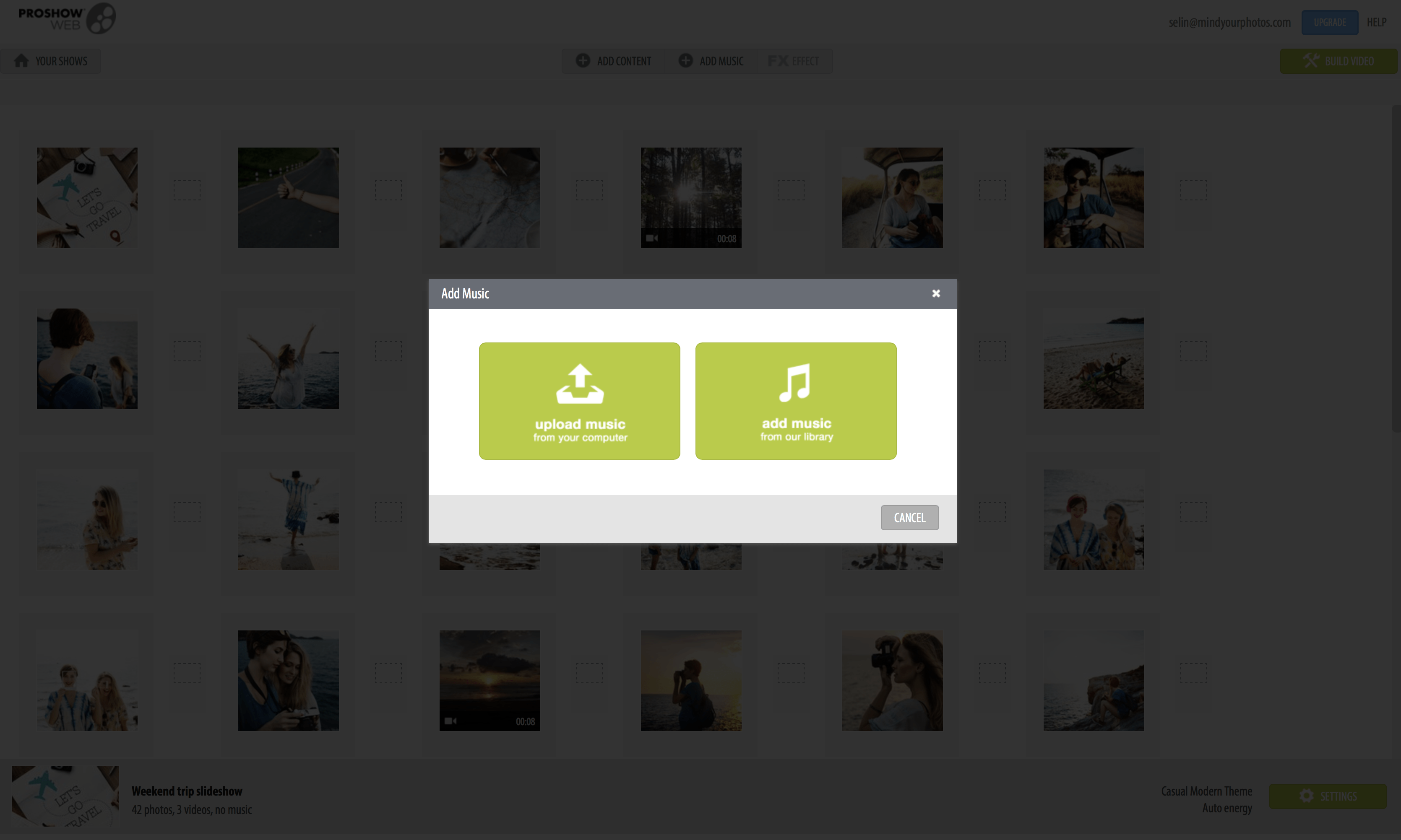 ProShow Webでプロのような写真やビデオのスライドショーを作成する方法|OrganizingPhotos.net独自の音楽をインポートするか、内蔵のProShowライブラリから曲を使用することを選択します。