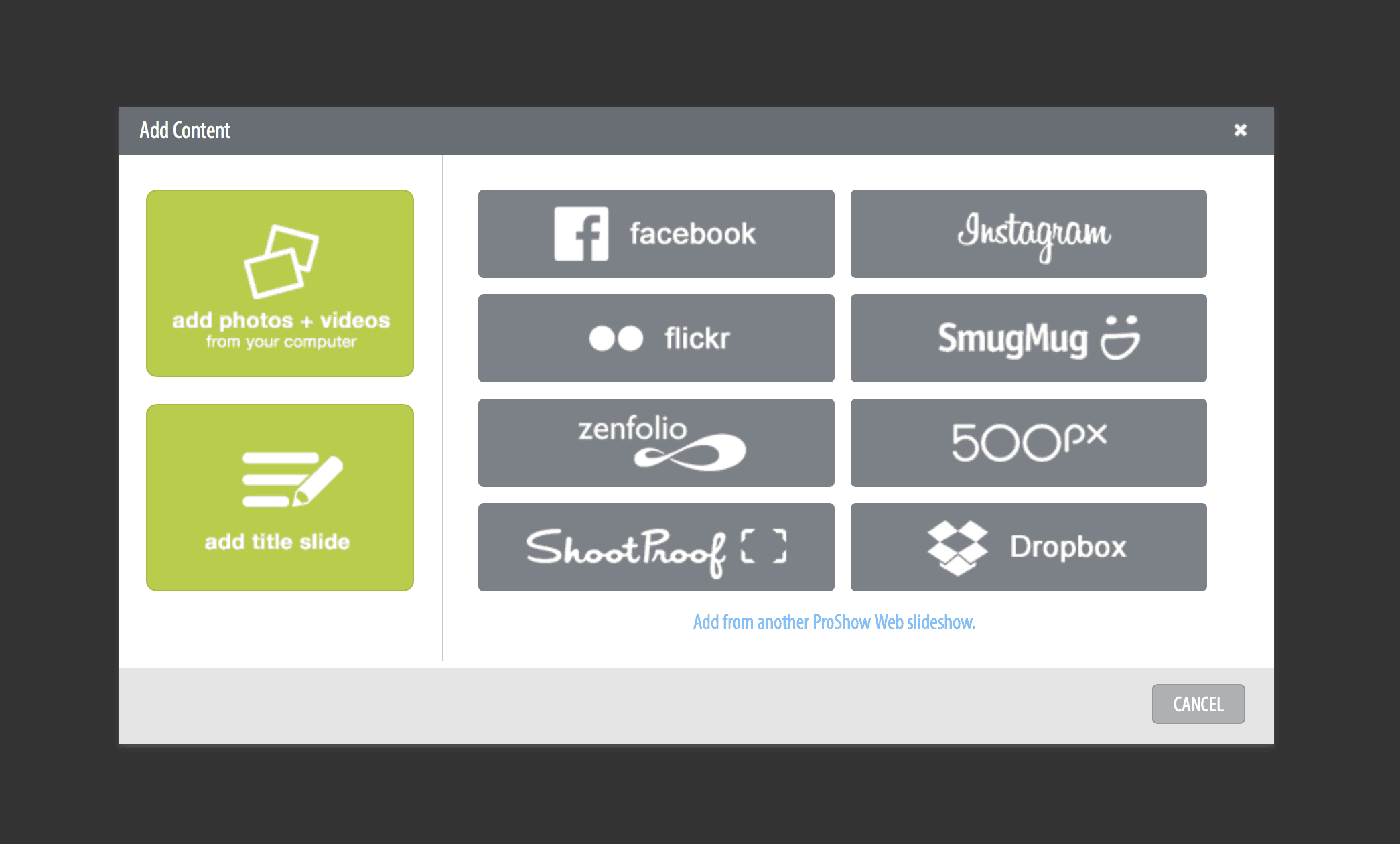 Cómo Crear una Presentación de Fotos y videos Como un Profesional con ProShow Web | OrganizingPhotos.net Instagram Facebook, Flickr, Zenfolio, Dropbox, etc. Puedes añadir contenido de varias fuentes, como Facebook, Flickr, Instagram, Zenfolio y Dropbox.